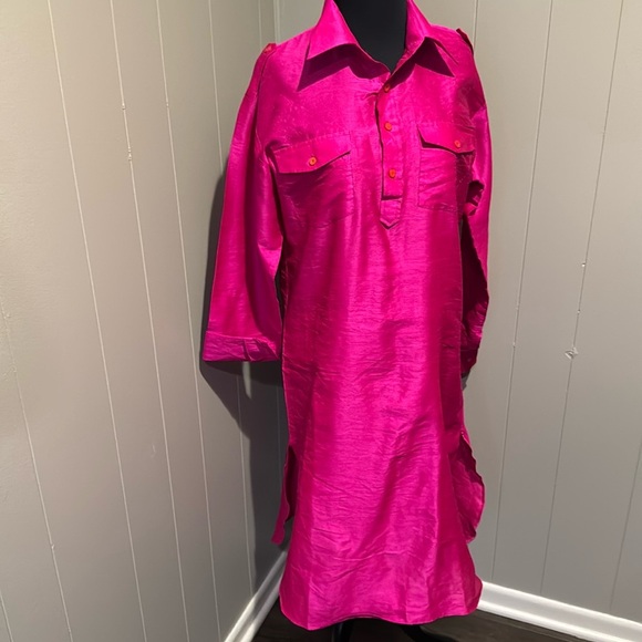 Dresses & Skirts - Custom hand sewn/designed bright fuschia silk shirt style cuff sleeve midi dress